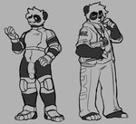 anthro clothing coach genitals gloves handwear looking_at_viewer male penis solo uniform hijackerdraws ultimate_mating_league hiji bear giant_panda mammal hi_res monochrome