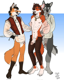 anthro balls barefoot clothing ear_piercing ear_ring ears_up feet genitals group holding_another holding_arm holding_arms holding_knife holding_melee_weapon holding_object holding_weapon jewelry knife looking_at_another male male/male melee_weapon muscular muscular_anthro muscular_male necklace nipples open_mouth penis piercing ring_piercing teeth teeth_showing tongue tongue_out translucent translucent_clothing trio weapon bartek22 canid canine canis fox mammal wolf hi_res