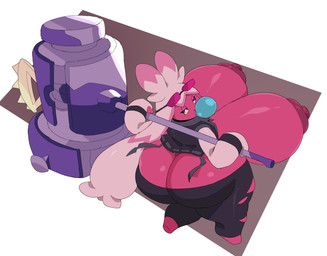 areola big_breasts big_butt blowing_bubble_gum bottomwear breasts butt clothed clothed_female clothed_humanoid clothing exposed_breasts eyewear eyewear_on_head female female_humanoid half-closed_eyes hammer huge_breasts huge_butt huge_hips huge_thighs hyper hyper_breasts jacket looking_at_viewer looking_back multicolored_eyes narrowed_eyes nipples not_furry pants pink_areola pink_body pink_nipples shortstack shortstack_female solo sunglasses sunglasses_on_head thick_thighs tools topwear two_tone_eyes wearing_sunglasses wide_hips cyberlord1109 nintendo pokemon generation_9_pokemon humanoid pokemon_(species) tinkaton digital_media_(artwork) hi_res