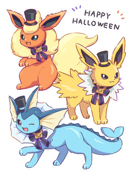 ambiguous_gender blue_body clothing feral fluffy fluffy_tail fur group hat headgear headwear holidays looking_at_viewer one_eye_closed open_mouth orange_body paws purple_eyes simple_background tail text tongue top_hat trio yellow_body yellow_fur nekogyo122 halloween nintendo pokemon eevee eeveelution flareon generation_1_pokemon jolteon pokemon_(species) vaporeon 2023 3:4 english_text hi_res
