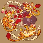 5_fingers alcohol anthro bell beverage biped claws countershade_torso countershading dango_(food) eyes_closed fingers group male open_mouth open_smile pawpads paws pink_pawpads sake smile tail trio minasagas felid mammal pantherine tiger 1:1 absurd_res hi_res