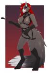 anthro bondage_gear breasts clothing dominatrix female hair looking_at_viewer nipples red_hair riding_crop solo standing underwear whip amur vermillion canid canine fox mammal vampire absurd_res hi_res