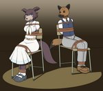 anthro bdsm bondage bound chair chair_bondage clothed clothing crotch_rope duo female furniture looking_at_viewer male male/female male_and_female_submissive restraints rope rope_bondage school_uniform spotlight submissive submissive_female submissive_male uniform nivek15 beastars juno_(beastars) miguno_(beastars) canid canine canis hyena mammal spotted_hyena wolf hi_res