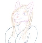 blonde_hair blue_clothing blue_eyes blue_shirt blue_topwear breasts clothed clothing female fur hair long_hair looking_at_viewer pink_body shirt simple_background smile solo topwear tuft whiskers white_background nonameqwerasd domestic_cat felid feline felis mammal colored_line_art digital_drawing_(artwork) digital_media_(artwork) half-length_portrait portrait sketch