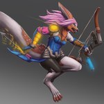 angry anthro armor arrow_(weapon) big_tail black_sclera bow_(weapon) breasts brown_body brown_fur chest_tuft claws clockpunk clothed clothing compound_bow digitigrade female flowing_hair fur hair jumping long_tail neck_tuft non-mammal_breasts pink_eyes pink_hair ranged_weapon simple_background solo tail teeth thick_thighs tuft weapon wide_hips keilink mythology deadeye_bow meeka_rose dra'essa dragon furred_dragon furred_scalie mythological_creature mythological_scalie scalie 1:1 2015 digital_media_(artwork) hi_res