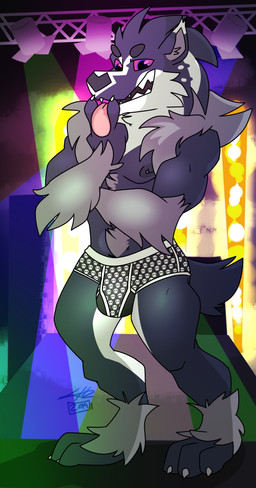anthro black_body black_fur blue_eyes bone bulge claws clothed clothing concert fur hair lights looking_at_viewer male muscular muscular_anthro muscular_male nipple_piercing nipples open_mouth partial_nudity piercing skull smile solo stage standing teeth tongue tongue_out underwear white_body white_fur sylvanedadeer nintendo pokemon generation_8_pokemon mammal mustelid obstagoon pokemon_(species) 2019 absurd_res digital_media_(artwork) hi_res