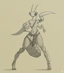 ambiguous_gender antennae_(anatomy) anthro arthropod_abdomen bottomwear clothing digitigrade front_view loincloth melee_weapon multi_arm multi_limb solo sword weapon wide_hips sentientsocks arthropod insect mantis monochrome sepia female_(lore)