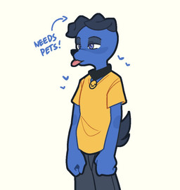 :3 anthro black_collar blep blue_body blue_eyes blue_fur bottomwear clothing collar directional_arrow fist floppy_ears front_view fur grey_body grey_bottomwear grey_clothing grey_fur grey_pants half-closed_eyes male narrowed_eyes pants shirt simple_background slight_smile solo standing tongue tongue_out topwear white_background yellow_clothing yellow_shirt yellow_topwear dalueart dalue_(dalueart) canid canine canis domestic_dog mammal 2026