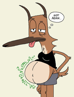 abdominal_bulge anthro belly big_belly black_clothing black_nose black_shirt black_tank_top black_topwear blep brown_body brown_fur clothed clothing digestion female fur gurgle_(sound_effect) hand_on_butt hand_on_self long_snout narrowed_eyes onomatopoeia oral_vore pink_tongue raised_clothing raised_shirt raised_tank_top raised_topwear rumbling_stomach shirt short_tail snout solo sound_effects standing tail tan_body tan_fur tank_top text thought_bubble tired tired_eyes tongue tongue_out topwear vore barvey emma_(barvey) canid canine canis domestic_dog german_shepherd herding_dog mammal pastoral_dog digital_drawing_(artwork) digital_media_(artwork) english_description english_text
