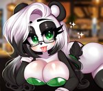 anthro bar big_breasts black_body black_fur blush breasts bunny_costume butt clothed clothing costume eyewear female fur glasses gradient_hair hair looking_at_viewer mature_female smile solo tail waitress_uniform white_body white_fur dayin_alasfer daiyu_winterbloom bear giant_panda mammal digital_media_(artwork) mother_(lore) parent_(lore)