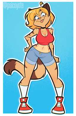 anthro arm_tuft blep blonde_hair blue_eyes bottomwear breasts choker clothing collarbone crop_top denim denim_bottomwear denim_clothing denim_shorts eyebrow_through_hair eyebrows eyelashes female footwear fur hair jewelry markings midriff mole_(marking) mole_on_breast mole_under_eye navel necklace one_fang shirt shoes shorts shoulder_tuft socks solo striped_body striped_fur stripes tan_body tan_fur tongue tongue_out topwear translucent translucent_hair tuft psicoyote cassandra_(psicoyote) domestic_cat felid feline felis mammal 2026 hi_res