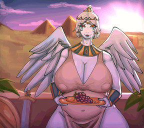 accessory amber_eyes anthro armor big_breasts bone_frill bracers breasts cleavage clothed clothing curvy_figure desert dress egyptian egyptian_clothing eyelashes eyeshadow feathered_wings feathers female food frill_(anatomy) front_view fruit gold_eyeshadow grape grey_body grey_hair grey_scales hair huge_breasts huge_hips huge_thighs looking_at_viewer makeup nipple_outline outside plant pyramid scales smile solo tan_dress thick_thighs usekh voluptuous voluptuous_anthro voluptuous_female wide_hipped_anthro wide_hipped_female wide_hips wings kenonsfw cavemanon_studios goodbye_volcano_high ko_op_(game_developer) snoot_game fang_(gvh) prehistoric_species pterosaur reptile scalie 2025 absurd_res digital_drawing_(artwork) digital_media_(artwork) hi_res