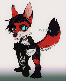 anthro barefoot black_body black_bottomwear black_clothing black_fur black_hair black_nose black_pants black_topwear blep blowing_bubble_gum blue_eyes blue_sclera bottomwear bubble bubble_gum candy cheek_tuft chibi clothed clothing dessert ear_piercing ear_ring ear_stud facial_tuft feet female food fur glistening glistening_eyes gum hair inflating pants piercing print_clothing print_shirt print_topwear pupils red_body red_fur ring_piercing shirt short_hair sidecut simple_background skateboard slit_pupils solo standing text text_on_clothing text_on_shirt text_on_topwear text_print tongue tongue_out topwear torn_bottomwear torn_clothing torn_pants tuft vehicle white_background white_body white_clothing white_fur white_topwear riorix canid mammal 2017 dated full-length_portrait hi_res portrait signature