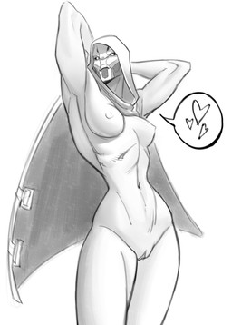 athletic athletic_female athletic_humanoid breasts cape clothing female genitals hands_behind_head heart_symbol hood machine mostly_nude nipples not_furry simple_background solo speech_bubble vulva white_background ghostgallora bungie destiny_(series) elsie_bray exo humanoid robot robot_humanoid 2021 absurd_res greyscale hi_res monochrome portrait sketch three-quarter_portrait