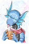 anthro beverage claws coffee coffee_mug ear_fins eyes_closed female fin holding_object scarf smile snow solo steam striped_body stripes tongue tongue_out dreameroftheblue mythology norna dragon mythological_creature mythological_scalie reptile scalie hi_res traditional_media_(artwork)