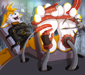 2_tails 4_toes 5_fingers ankles_tied anthro arms_tied barefoot bdsm biped black_nose blue_eyes blush bodily_fluids bondage bottomless bound brush buckle cheek_tuft clothed clothing collar countershade_face countershade_feet countershading crying crying_laughing cuff_(restraint) detailed_background dipstick_tail ears_down exclamation_point facial_tuft feathers feet feet_together fingers foot_fetish foot_focus fully_bound fur head_tuft helpless humanoid_feet humanoid_hands inside jewelry laugh lock looking_at_object loose_feather machine male markings multi_tail multicolored_body multicolored_fur multicolored_tail open_mouth orange_body orange_fur orange_tail padlock padlocked_collar pivoted_ears plantigrade pointy_ears prick_ears prison prisoner red_body red_feathers restraints robotic_arm saliva saliva_string shackles shadow sitting soles solo stocks straitjacket straps tail tail_markings tears teeth teeth_showing text tickle_fetish tickle_torture tickling tickling_feet tickling_machine toe_restraints toes toes_tied topwear tuft two_tone_body two_tone_fur white_body white_fur white_inner_ear white_tail yellow_body yellow_fur aliscik sega sonic_the_hedgehog_(series) miles_prower canid canine fox mammal 2020 digital_media_(artwork) url