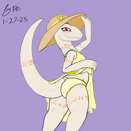 5_fingers albino anthro arm_tattoo big_tail biped blush butt clothed clothed_anthro clothed_female clothing clothing_lift cute_fangs dress dress_lift eyelashes fangs female female_anthro fingers flat_chested flower flower_on_hat frilly frilly_clothing frilly_panties frilly_underwear fully_clothed furgonomic_underwear furgonomics hat headgear headwear humanoid_hands leg_tattoo long_neck long_tail looking_at_viewer looking_back looking_back_at_viewer monotone_body neck_tattoo orange_tattoo panties plant pose purple_background raised_tail rear_view red_eyes simple_background smile smiling_at_viewer snout solo sun_hat sundress tail tail_dimple tail_tattoo tapering_tail tattoo teeth thick_tail thick_thighs thigh_tattoo three-quarter_view tribal tribal_tattoo underwear white_body yellow_clothing yellow_dress yellow_panties yellow_underwear spe overlord_(series) crusch_lulu lizard lizardman lizardman_(overlord) reptile scalie 1:1 2025 absurd_res dated digital_drawing_(artwork) digital_media_(artwork) flat_colors hi_res pinup portrait signature sketchbook_(artwork) three-quarter_portrait