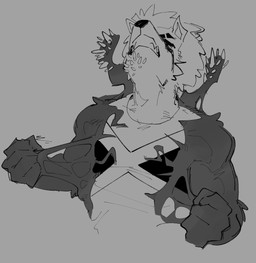 anthro biped black_nose clenched_teeth clothed clothing eyebrows eyes_closed fingers fur grey_background hair male raised_head simple_background solo spikes spikes_(anatomy) standing teeth topwear goonie-san goon_(goonie_san) rabid_(goonie_san) canid canine canis domestic_dog mammal symbiote monochrome