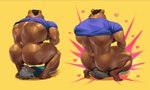 anthro anthro_on_anthro barazoku big_butt big_dom_small_sub big_muscles blush bodily_fluids bottomless brown_body brown_hair butt clothed clothing crouching dominant duo facesitting grey_body grey_hair hair heart_symbol larger_male male male/male manly muscular muscular_anthro muscular_male muscular_on_average partially_clothed shirt simple_background sitting_on_another size_difference smaller_male sweat thick_thighs topwear yellow_background guzreuef anonymous_character bear canid canine canis mammal wolf comic hi_res