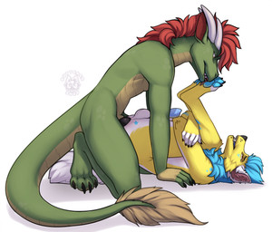 ahegao anal anal_penetration animal_genitalia animal_penis anthro balls black_claws black_penis blue_hair blue_pawpads blue_penis brown_body brown_scales canine_genitalia canine_penis claws dominant dominant_male duo ear_markings ear_piercing ear_ring fangs feet foot_fetish foot_lick from_front_position fur genitals green_body green_scales hair horn knot knotted_penis knotting licking looking_pleasured male male/male markings mating_press pawpads penetration penis piercing red_hair ring_piercing scales sex star_(marking) submissive submissive_male teeth tongue yellow_body yellow_fur butteredshep mythology fyardie canid canine dragon mammal mythological_creature mythological_scalie scalie