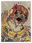 armor beak border clothing collar cracks gloves handwear headgear helmet male scarf solo torn_clothing transformation white_border solidasp f-zero nintendo captain_falcon avian bird falcon falconid peregrine_falcon 2017