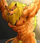 abs anthro arms_above_head biceps big_muscles black_nose blue_eyes brown_body brown_fur ear_piercing fur genitals half-closed_eyes humanoid_pointy_ears looking_at_viewer male mane muscular muscular_anthro muscular_male narrowed_eyes navel nipples nude open_mouth pecs penis piercing pointy_ears pubes simple_background solo teeth vein veiny_penis eurobeat bandai_namco digimon digimon_(species) felid leomon mammal 2016 hi_res