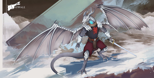 abstract_background anthro athletic athletic_anthro athletic_male biceps brown_body claws clothing coat_of_arms fangs feet grey_body holding_melee_weapon holding_object holding_weapon horn kingdom male medieval melee_weapon membrane_(anatomy) membranous_wings muscular muscular_male muscular_thighs pink_eyes renaissance solo spread_legs spread_wings spreading sword tail tail_motion tailwag teeth toes weapon white_body wings hynvale european_mythology mythology dragon mythological_creature mythological_scalie scalie western_dragon hi_res