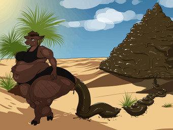 anthro anus athletic_wear barefoot belly big_anus big_belly black_bra black_clothing black_gym_shorts black_sports_bra black_underwear bloated bodily_fluids bottomwear bra breasts brown_anus brown_body brown_eyes brown_fur brown_hair clear_sky clothing cloud desert desert_background detailed_background excessive_feces feces feces_pile feet female fishnet_clothing fishnet_leggings fishnet_legwear frown fur grass gym_bottomwear gym_shorts hair hand_on_belly hand_on_hip holding_stomach hooves huge_anus hyper hyper_anus hyper_feces leggings legwear looking_forward mature_female muscular_legs navel overweight palm_tree plant pooping puffy_anus pyramid shorts shrub sky solo sports_bra sun sweat sweatdrop thick_calves thick_thighs tree underwear walking wide_hips bluepants onofria_sharan camel camelid mammal 2026 digital_drawing_(artwork) digital_media_(artwork) hi_res smaller_version_at_source