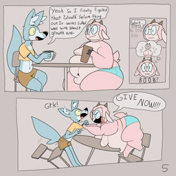 anthro belly big_belly blue_body blue_clothing blue_fur blue_underwear bottomwear breast_growth breasts brown_bottomwear brown_clothing brown_shorts chair clothed clothed_anthro clothed_male clothing container crop_top cup dialogue duo eyewear fully_clothed fully_clothed_anthro fully_clothed_male fupa fur furniture glasses growth horn huge_belly inner_ear_fluff male moobs mug navel obese obese_anthro obese_male orange_clothing orange_shirt orange_topwear overweight overweight_anthro overweight_male partially_clothed_anthro partially_clothed_male pink_body pink_fur pink_wool shirt shirt_grab shorts speech_bubble text thought thought_bubble thoughts topwear tuft underwear wearing_glasses wool_(fur) wool_hair yelling living_lupis doc_(living_lupis) shawn_(living_lupis) bovid canid canine canis caprine mammal sheep wolf 1:1 2025 comic english_text hi_res