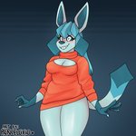 anthro big_breasts blue_body blue_fur blue_hair blue_sclera blush breasts clothed clothing colored_sclera female fur fur_markings hair long_hair markings pantsless partially_clothed peephole pokemorph pose simple_background smile solo standing sweater thick_thighs topwear white_eyes wide_hips puppeon nintendo pokemon saphira_(puppeon) eeveelution generation_4_pokemon glaceon mammal pokemon_(species) 1:1 hi_res pinup