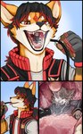 anthro black_clothing black_hair black_jacket black_topwear clothed clothing duo endoscope fur grey_body grey_fur grey_hair hair imminent_vore in_mouth jacket male multicolored_hair on_tongue open_mouth oral_vore orange_body orange_fur red_clothing red_eyes red_hair red_topwear short_hair size_difference tongue tongue_out topwear two_tone_hair uvula vore white_body white_clothing white_fur white_topwear acidic canid canine felid mammal comic hi_res