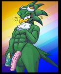 abs anthro balls big_penis black_border border foreskin genitals male monster_can_comparison muscular muscular_male penis presenting presenting_penis solo thick_thighs qoolbunart monster_energy sega sonic_riders sonic_the_hedgehog_(series) jet_the_hawk accipitrid accipitriform avian bird absurd_res hi_res