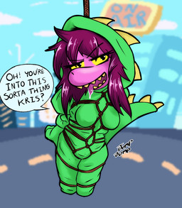 ahegao anthro bdsm biped black_eyes black_hair bodily_fluids bondage bound breasts clothed clothing costume dialogue dinosaur_costume drooling eyebrows female front_view hair looking_at_viewer looking_pleasured offscreen_character open_mouth pink_body restraints rope rope_bondage rope_harness saliva sharp_teeth small_breasts solo speech_bubble suspension suspension_bondage teeth text tongue tongue_out yellow_sclera jumpjump deltarune undertale_(series) susie_(deltarune) monster reptile scalie 2025 english_text hi_res