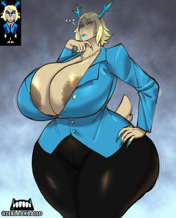 anthro antlers areola areola_slip big_breasts big_butt black_eyebrows blue_antlers blue_lips blue_nose bottomwear breasts brown_areola butt button_(fastener) cleavage clothed clothing collared_shirt dress_shirt ellipsis eyebrows female fur gem horn huge_breasts huge_butt huge_hips huge_thighs jewelry lips low-angle_view mature_anthro mature_female necklace open_clothing pants pearl_(gem) pearl_necklace shirt solo tail tan_body tan_fur tan_tail text thick_thighs topwear wide_hips ze_blackball.d deltarune undertale_(series) carol_holiday deer mammal monster absurd_res artist_name hi_res reference_image watermark mother_(lore) parent_(lore)