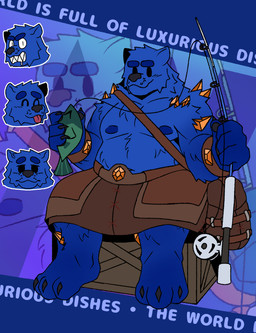 anthro armband bag blue_body blue_fur bottomwear clothing crate crystal fishing_rod fur kilt male overweight overweight_male simple_eyes sitting solo sirozinn kemo bear fish kryro mammal marine absurd_res digital_media_(artwork) hi_res model_sheet