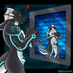 altered_reflection anthro black_body black_bodysuit black_clothing black_latex black_skinsuit blue_bodysuit blue_clothing blue_latex blue_skinsuit bodysuit chastity_bulge chastity_device claws clothing dorsal_fin dorsal_frill drone dronification ear_fins fin frill_(anatomy) grey_body horn latex latex_clothing latex_skinsuit lock_bulge lock_symbol male mask mask_with_sex_toy multicolored_body multicolored_bodysuit multicolored_clothing multicolored_skinsuit null_bulge orcadrone red_eyes reflection skinsuit spines suiting_up surprised tight_clothing wearing_chastity_device white_bodysuit white_clothing white_latex white_skinsuit wings bullgator mythology darkwitt_(character) negadrake aquatic cetacean dolphin dragon mammal mythological_creature mythological_scalie oceanic_dolphin orca scalie toothed_whale 1:1 2024 hi_res