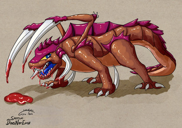 blood blue_eyes bodily_fluids brown_body claws exoskeleton male markings purple_markings quadruped spines tusks yellow_sclera doesnotexist gyrotech blizzard_entertainment starcraft drythkalt zerg zergling hi_res