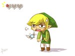 blonde_hair bodily_fluids boots clothed clothing duo fairy footwear fully_clothed gameplay_mechanics green_clothing hair hat headgear headwear humanoid humanoid_pointy_ears hylian light_body light_skin male nintendo not_furry open_mouth piggy_ho_ho shirt simple_background standing sweat sweatdrop the_legend_of_zelda tired toon_link topwear tunic white_background wind_waker wings