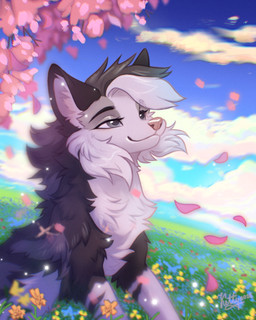 ambiguous_gender black_body black_eyebrows black_fur cloud countershade_torso countershading day eyebrows eyelashes feral flower fur grass grey_body grey_eyes grey_fur hair nude outside pink_nose plant sitting sky smile snout solo tree ketty canid canine canis domestic_dog mammal 2026 4:5 dated digital_drawing_(artwork) digital_media_(artwork) hi_res