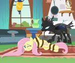 2014 ambiguous_gender arthropod bdsm blue_eyes bondage bound changeling crate cutie_mark drone_(mlp) duo equid equine fangs female feral fireplace fluttershy_(mlp) friendship_is_magic furniture hair hasbro horse insect_wings inside lamp lying mammal my_little_pony pink_hair pony radiantrealm restraints rope rope_bondage rug table teeth wings