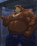 anthro belly big_belly black_nose bottomwear brown_body clothing kemono male moobs musclegut muscular nipples outside overweight overweight_male pants raining solo text negitsururu morenatsu juuichi_mikazuki bear mammal 2024 absurd_res english_text hi_res