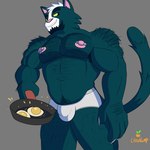 anthro breakfast briefs bulge claws clothing cooking cookware detailed_bulge facial_hair fried_egg frying_pan fur goatee kitchen_utensils looking_down male muscular muscular_anthro muscular_male nipple_piercing nipples pecs piercing raised_tail smile smirk solo tail thick_thighs tools underwear citrus_lump final_space avocato felid mammal ventrexian 1:1 hi_res