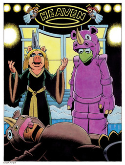 4_fingers animal_costume anthro big_nose black_clothing black_robe blonde_hair blue_eyes border breasts brown_body brown_fur cleavage clothed clothing costume crown door eyes_closed feathered_wings feathers female fingers fur green_body group hair halo harp headgear horn lights male male/female musical_instrument parody pink_body pink_nose plucked_string_instrument red_hair robe smoke snout stairs string_instrument text unconscious white_border white_robes wings bruce_mccorkindale death_to_smoochy muppets pbs sesame_street the_muppet_show fozzie_bear kermit_the_frog miss_piggy amphibian angel bear frog humanoid mammal muppet 2024 artist_name crossover english_text hi_res mixed_media signature