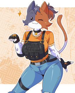 5_fingers anthro arm_tattoo belt biped black_belt black_clothing black_collar black_eyebrows black_eyes black_gloves black_handwear black_thighband blue_body blue_bottomwear blue_clothing blue_fur blue_jeans blue_pants bottomwear breasts bulletproof_vest cheek_tuft closed_smile clothed clothed_anthro clothed_female clothing collar denim denim_bottomwear denim_clothing eyebrows eyelashes facial_tuft female fingerless_gloves fingers fully_clothed fully_clothed_anthro fully_clothed_female fur glistening glistening_eyes gloves handwear jeans legband looking_at_viewer mouth_closed multicolored_body multicolored_fur multicolored_tail one_eye_closed orange_body orange_clothing orange_fur orange_shirt orange_tail orange_topwear pants pointy_ears prick_ears print_clothing print_gloves print_handwear raised_tail shirt smile smiling_at_viewer solo sparkles tail tattoo text thighband topwear torn_bottomwear torn_clothing torn_pants tuft white_body white_fur white_tail wink winking_at_viewer silvermaster epic_games fortnite cate_meowdy calico_cat domestic_cat felid feline felis mammal 2025 absurd_res artist_name digital_media_(artwork) hi_res