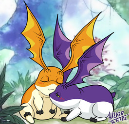 ambiguous_gender blush duo eyes_closed feral forest_background half-closed_eyes male narrowed_eyes sleeping slightly_chubby slightly_chubby_male tail tail_motion tailwag unusual_wing_placement wings hazker bandai_namco digimon digimon_(species) patamon tsukaimon hi_res