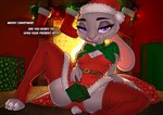 anthro christmas_clothing christmas_headwear clothing female fireplace gift grey_body hat headgear headwear holiday_message holidays legwear purple_eyes santa_hat solo stockings text conditional_dnp taurika christmas disney zootopia judy_hopps lagomorph leporid mammal rabbit english_text