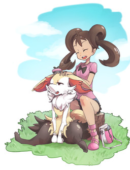ambiguous_anthro ambiguous_gender anthro bag biped breasts brush brushing clothed clothed_female clothed_human clothing detailed_background digitigrade duo ears_down eyes_closed female female_human front_view grass open_mouth open_smile outside personal_grooming pivoted_ears plant pleased_expression sitting sitting_on_stump sky small_breasts smile social_grooming stump tongue aoyuzu nintendo pokemon braixen canid generation_6_pokemon human mammal pokemon_(species) 2015 digital_drawing_(artwork) digital_media_(artwork) hi_res japanese_description translated_description