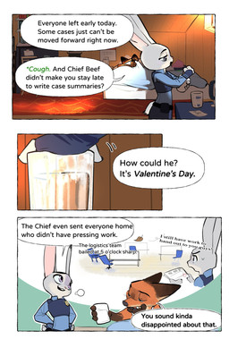 anthro bed beverage brown_body brown_fur clothed clothing dialogue duo female fingers fur furniture grey_body grey_fur holidays inside long_ears male male/female on_bed open_mouth orange_body orange_fur purple_eyes speech_bubble tan_body tan_fur text topwear butterfish8199 disney valentine's_day zootopia judy_hopps nick_wilde canid canine european_rabbit fox lagomorph leporid mammal oryctolagus rabbit red_fox true_fox comic english_text hi_res