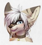 2021 absurd_res anthro arm_tuft bandage bandage_on_face bandage_on_nose black_hair black_nose bloominglynx blue_eyes blush canid canine cheek_tuft collar ear_piercing eyebrow_through_hair eyebrows facial_tuft fangs female fennec_fox fox front_view fur glistening glistening_eyes grey_body grey_collar grey_fur hair hair_over_eye helga_wildnis hi_res mammal multicolored_hair one_eye_obstructed open_mouth open_smile piercing pink_tongue shoulder_tuft signature simple_background smile solo tan_body tan_fur teeth tongue translucent translucent_hair true_fox tuft two_tone_hair white_background white_hair