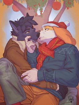 anthro anthrofied bottomwear christmas_clothing christmas_headwear clothed clothing coat cuddling duo eye_contact fur hat headgear headwear holidays imminent_kiss looking_at_another lying male male/male mistletoe outside pants plant romantic romantic_ambiance romantic_couple santa_hat scarf smile spread_legs spreading topwear tree lion21 belfort_and_lupin christmas belfort_(belfort_and_lupin) lupin_(belfort_and_lupin) bird_dog canid canine canis domestic_dog french_spaniel hunting_dog hybrid mammal spaniel wolfdog 3:4 digital_media_(artwork) hi_res
